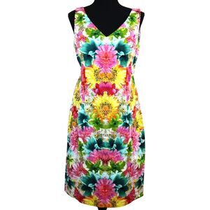 London Times Vibrant Colorful Floral Cotton Dress Sleeveless 12 Keyhole Sheath